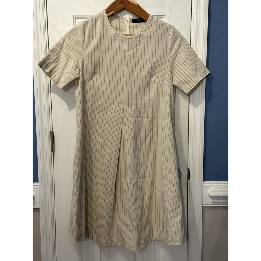 ROOLEE Beige Blk Striped A-Line Knee Length Cotton Linen M Minimalist Classic
